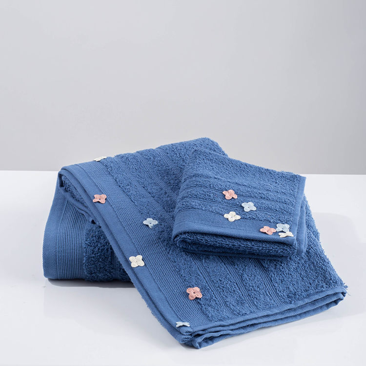 Εικόνα για Βαμβακερή Χειροποίητη Πετσέτα Flowers Applique Μπλε Πετσέτα Χειρός 30x50